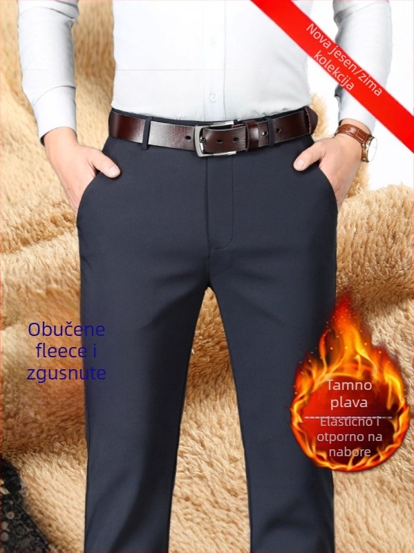 Muške poslovne hlače s flis podstavom, ravni kroj, visok struk, zatvarač, poliester materijal