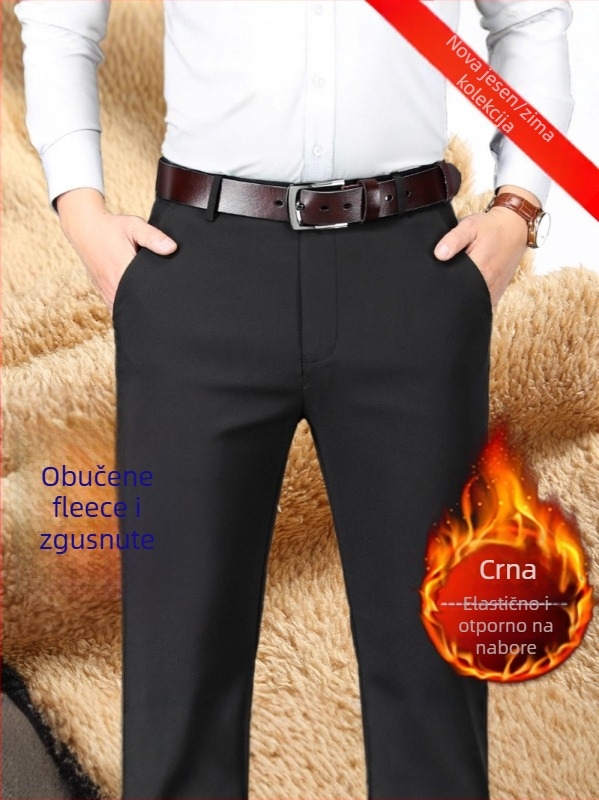 Muške poslovne hlače s flis podstavom, ravni kroj, visok struk, zatvarač, poliester materijal