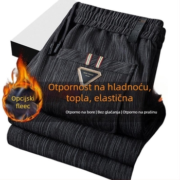 Muške hlače od corduroya s fleece podlogom, ravni kroj, vezanje šnira, zima, mikroelastičnost