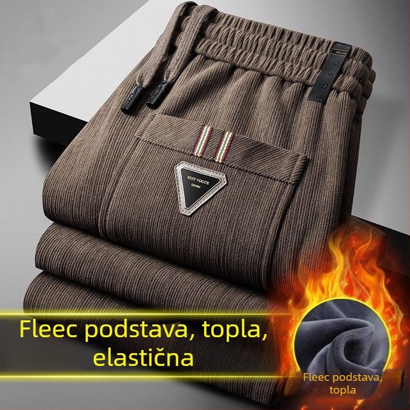Muške hlače od corduroya s fleece podlogom, ravni kroj, vezanje šnira, zima, mikroelastičnost