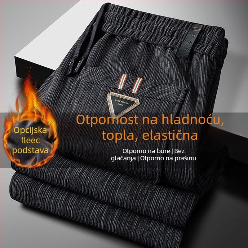 Muške hlače od corduroya s fleece podlogom, ravni kroj, vezanje šnira, zima, mikroelastičnost