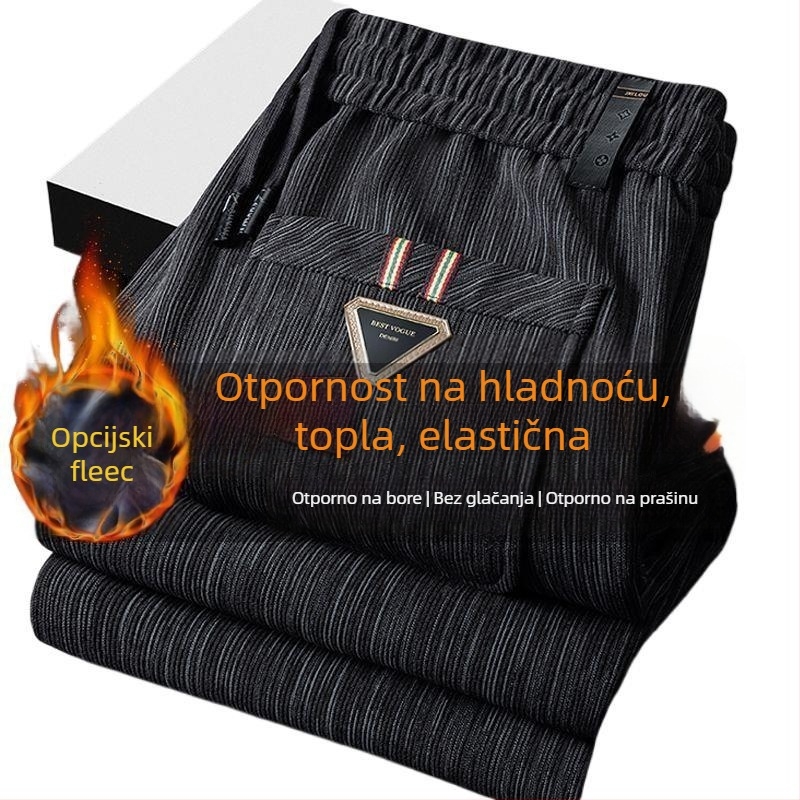 Muške hlače od corduroya s fleece podlogom, ravni kroj, vezanje šnira, zima, mikroelastičnost