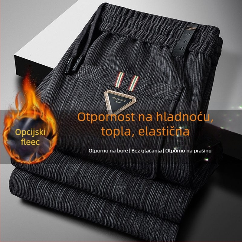 Muške hlače od corduroya s fleece podlogom, ravni kroj, vezanje šnira, zima, mikroelastičnost