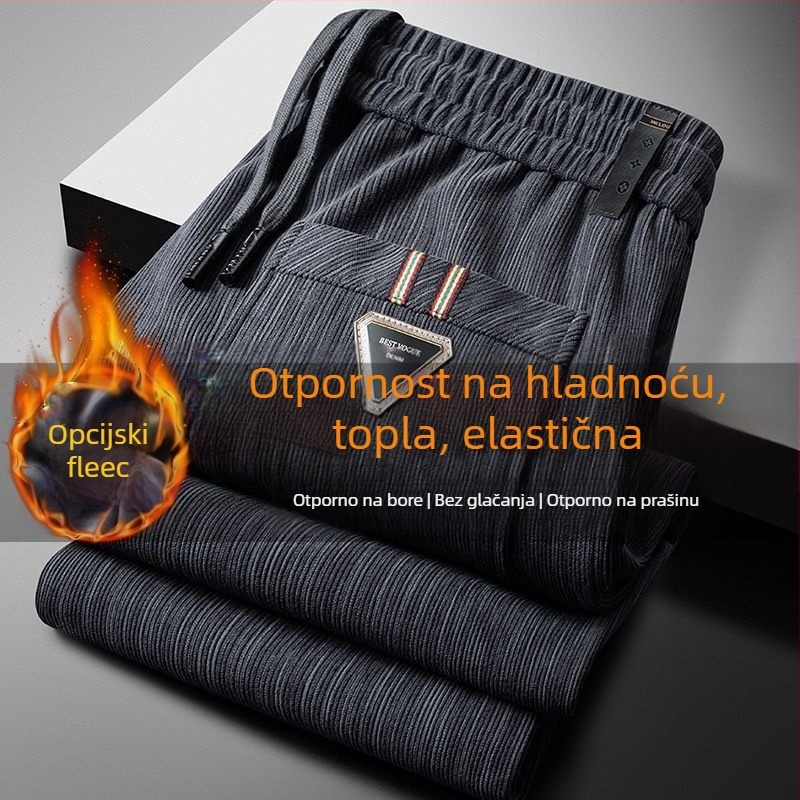 Muške hlače od corduroya s fleece podlogom, ravni kroj, vezanje šnira, zima, mikroelastičnost