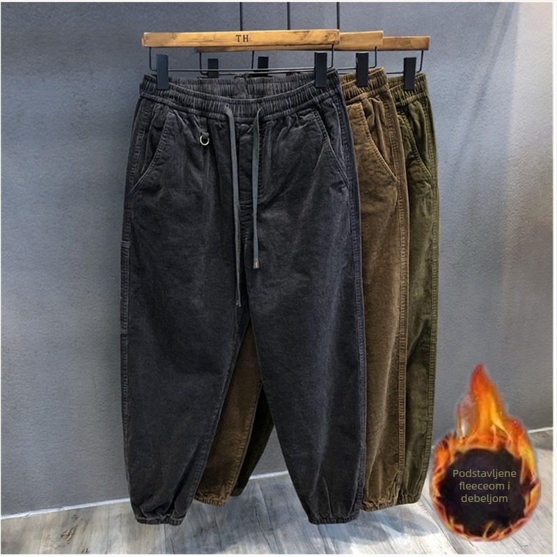 Muške jogger hlače od corduroy s fleece unutrašnjom, slobodan kroj, srednji pojas, zatvaranje vezicom, proljeće–jesen, casual cargo