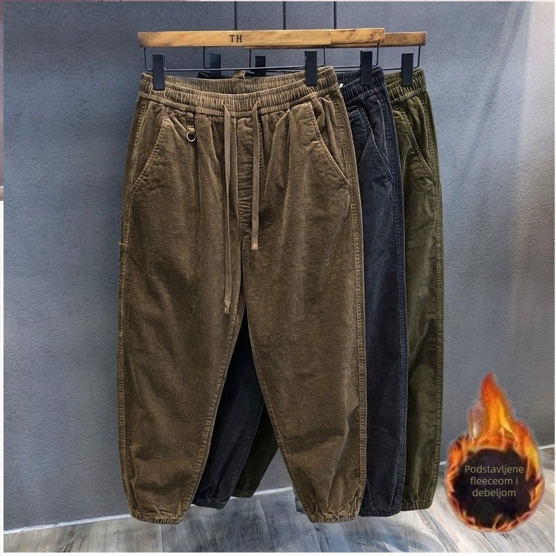 Muške jogger hlače od corduroy s fleece unutrašnjom, slobodan kroj, srednji pojas, zatvaranje vezicom, proljeće–jesen, casual cargo