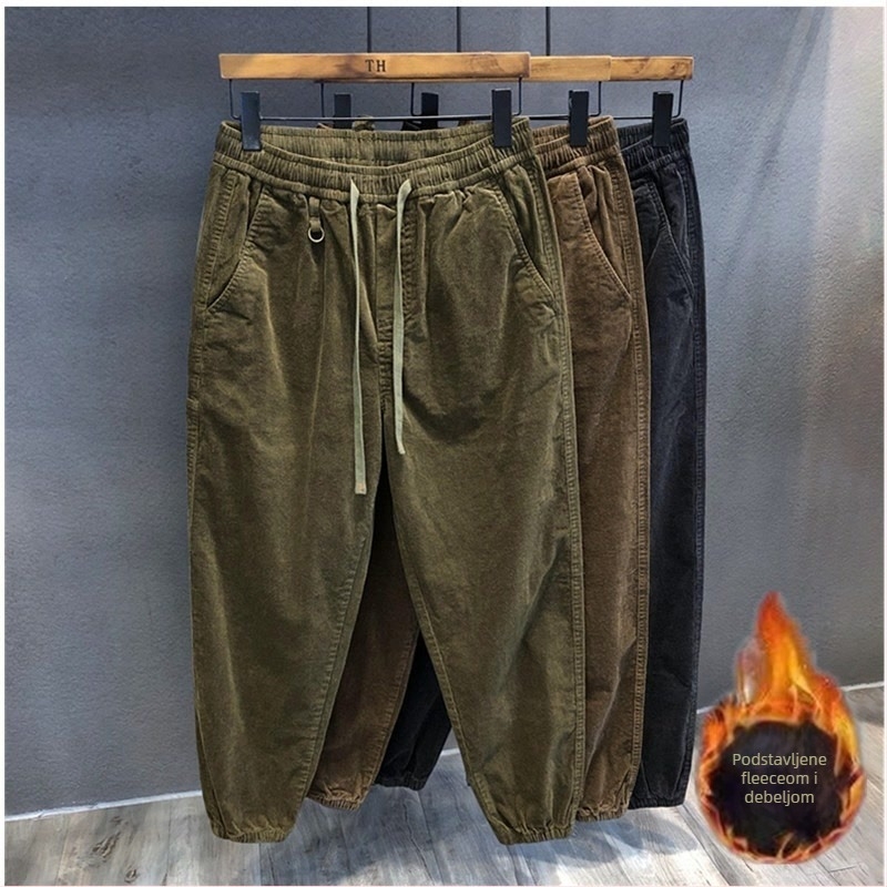 Muške jogger hlače od corduroy s fleece unutrašnjom, slobodan kroj, srednji pojas, zatvaranje vezicom, proljeće–jesen, casual cargo