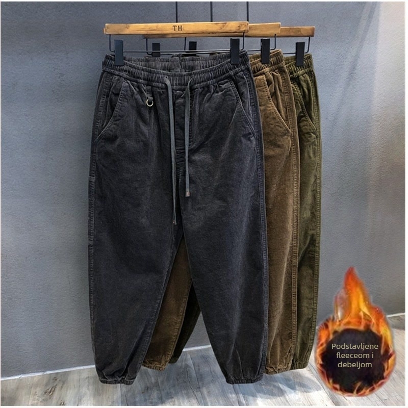 Muške jogger hlače od corduroy s fleece unutrašnjom, slobodan kroj, srednji pojas, zatvaranje vezicom, proljeće–jesen, casual cargo