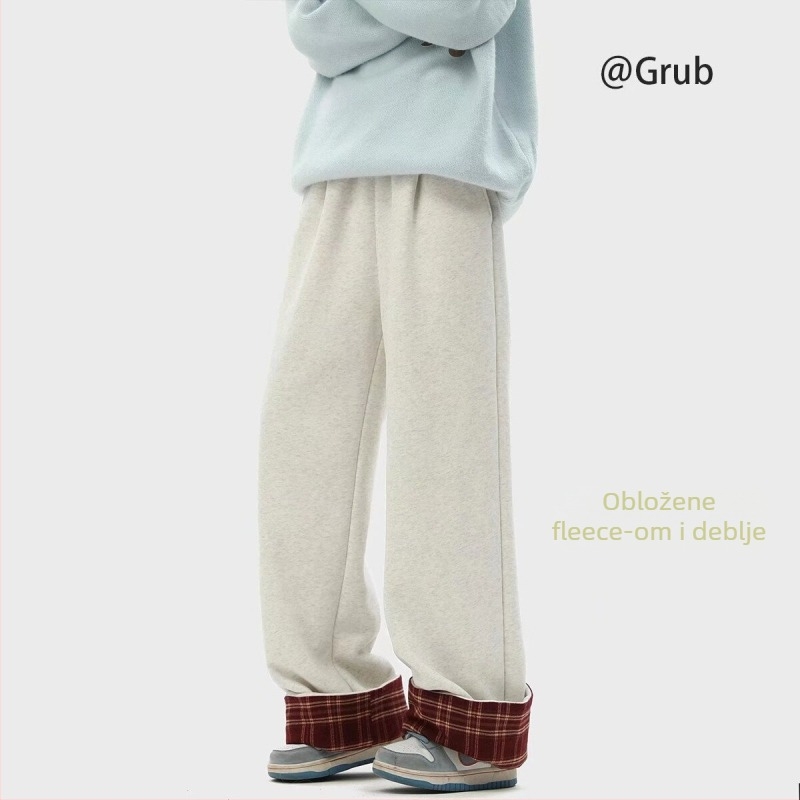 Muške hlače za slobodno vrijeme s flekso podstavom i kariranim uzorkom, Sherpa tkanina, širok kroj