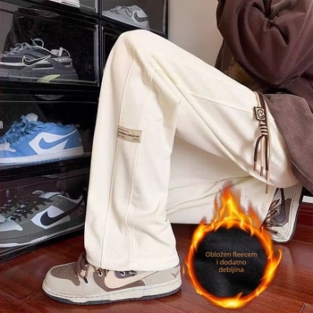 Muške casual hlače od tkanine waffle, slobodnog kroja, fleece podstava, srednji pojas, ravne nogavice, hongkonški stil