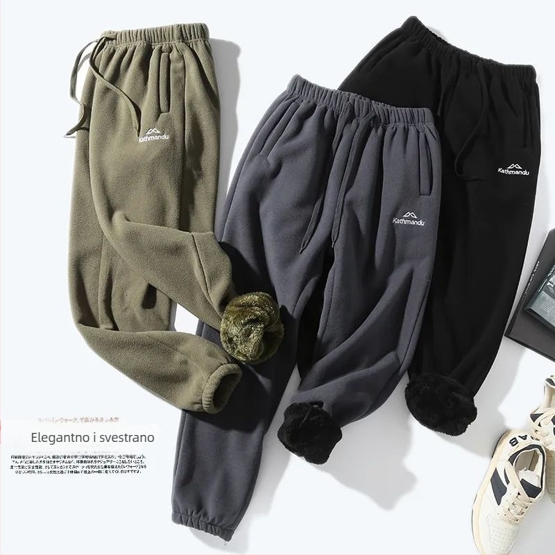 Muške casual hlače s dvostrano fleece podstavom, ravni kroj, zatvaranje zipom, poliester smjesa, srednje visoka struk