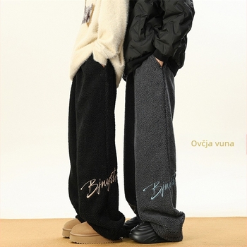 Muške trenerke hlače s Sherpa podstavom, s izšivenim slovima, ravni kroj, zimske