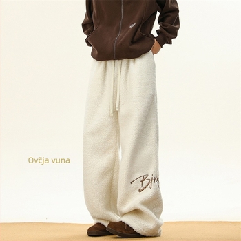 Muške trenerke hlače s Sherpa podstavom, s izšivenim slovima, ravni kroj, zimske