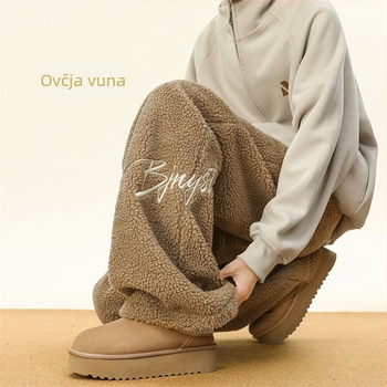 Muške trenerke hlače s Sherpa podstavom, s izšivenim slovima, ravni kroj, zimske