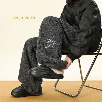 Muške trenerke hlače s Sherpa podstavom, s izšivenim slovima, ravni kroj, zimske