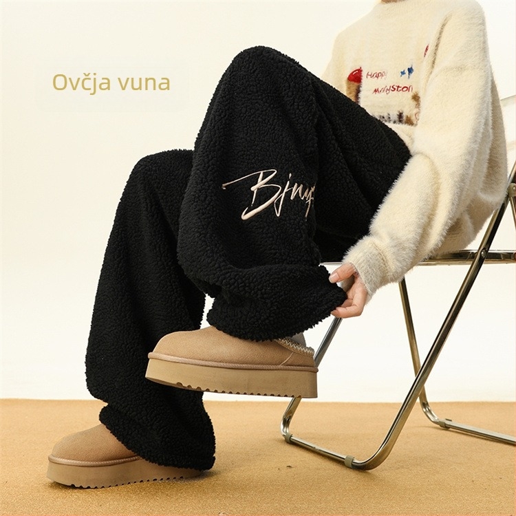 Muške trenerke hlače s Sherpa podstavom, s izšivenim slovima, ravni kroj, zimske