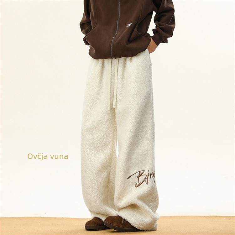 Muške trenerke hlače s Sherpa podstavom, s izšivenim slovima, ravni kroj, zimske