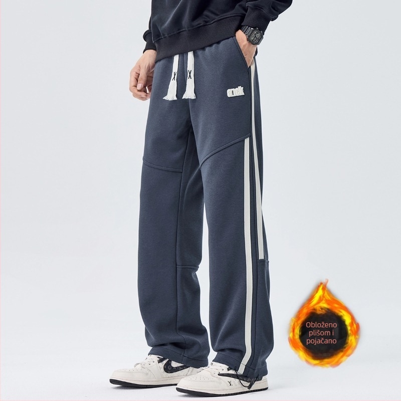 Muške duge sportske hlače s fleece podstavom, opuštenog ravnog kroja, struk s vrpcom za vezivanje, materijal 60% pamuk, 40% poliester, zimsko