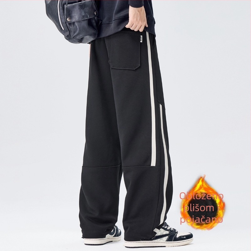 Muške duge sportske hlače s fleece podstavom, opuštenog ravnog kroja, struk s vrpcom za vezivanje, materijal 60% pamuk, 40% poliester, zimsko