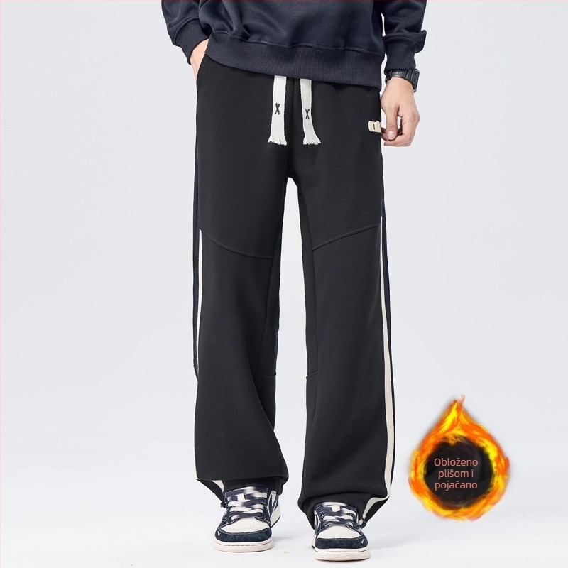 Muške duge sportske hlače s fleece podstavom, opuštenog ravnog kroja, struk s vrpcom za vezivanje, materijal 60% pamuk, 40% poliester, zimsko