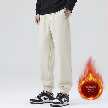 Muške ravne hlače s fleece podstavom, japanski retro stil, visok struk, pamukova smjesa