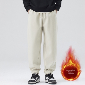 Muške ravne hlače s fleece podstavom, japanski retro stil, visok struk, pamukova smjesa