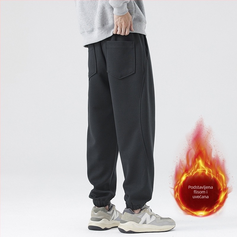 Muške ravne hlače s fleece podstavom, japanski retro stil, visok struk, pamukova smjesa