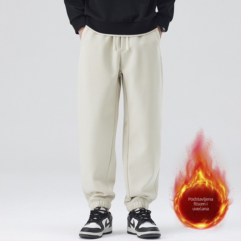 Muške ravne hlače s fleece podstavom, japanski retro stil, visok struk, pamukova smjesa