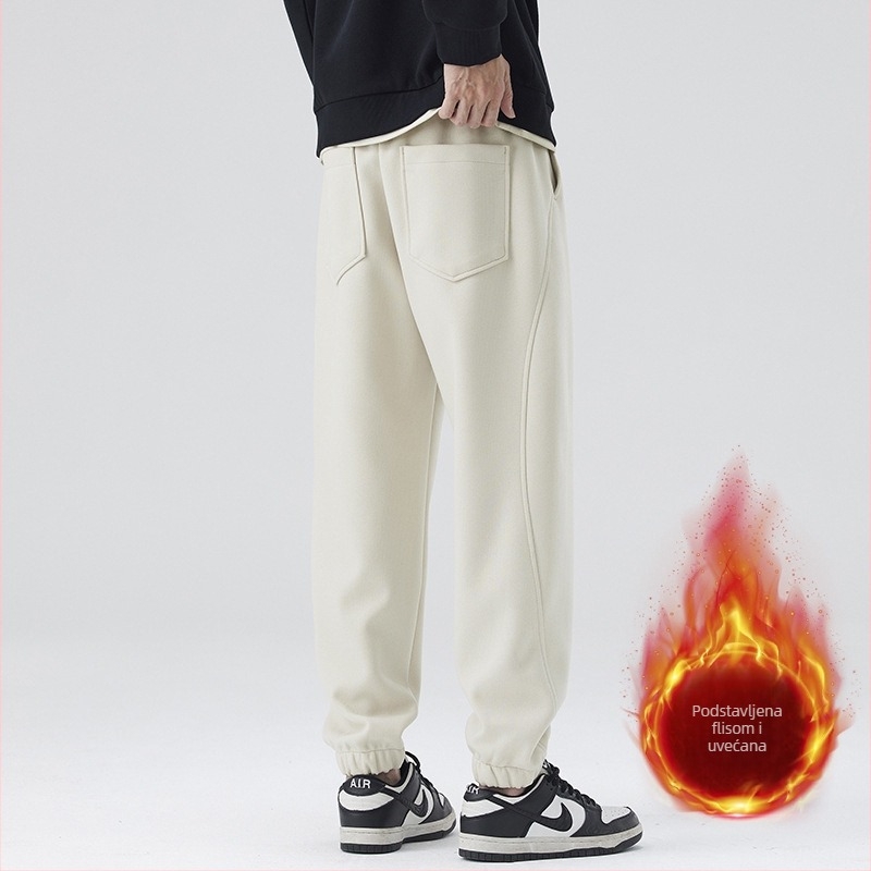 Muške ravne hlače s fleece podstavom, japanski retro stil, visok struk, pamukova smjesa