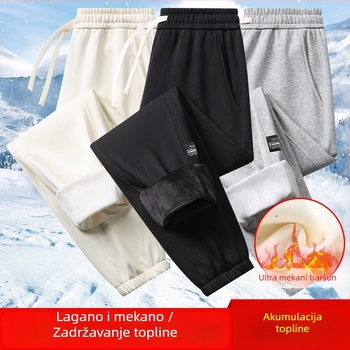 Muške pamučne hlače s fleec podstavom, srednji porast, blago šireći kroj, duljina 9/10, zatvaranje šnuralom, debela tkanina, svakodnevne sportske hlače urbanog stila