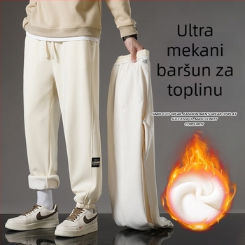Muške pamučne hlače s fleec podstavom, srednji porast, blago šireći kroj, duljina 9/10, zatvaranje šnuralom, debela tkanina, svakodnevne sportske hlače urbanog stila