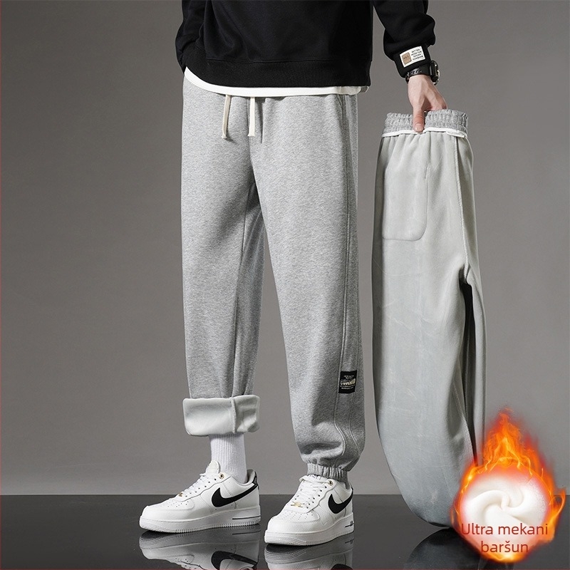 Muške pamučne hlače s fleec podstavom, srednji porast, blago šireći kroj, duljina 9/10, zatvaranje šnuralom, debela tkanina, svakodnevne sportske hlače urbanog stila