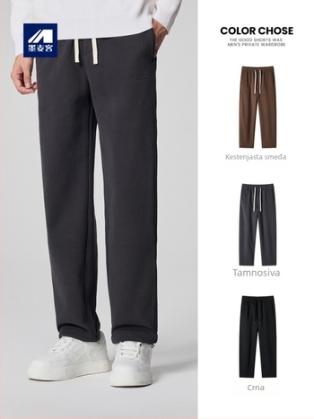 Muške casual hlače s fleec-om, debeli, ravni kroj, srednji pojas, vezanje na vrpce, pamuk smeša 61,5% pamuk, zima 2025