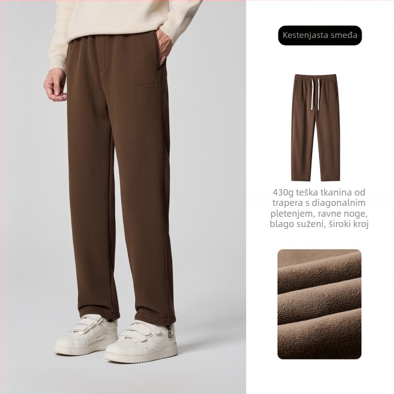 Muške casual hlače s fleec-om, debeli, ravni kroj, srednji pojas, vezanje na vrpce, pamuk smeša 61,5% pamuk, zima 2025