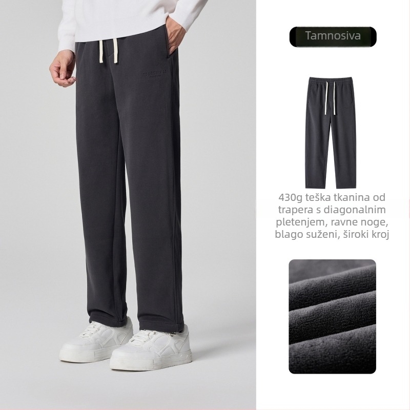 Muške casual hlače s fleec-om, debeli, ravni kroj, srednji pojas, vezanje na vrpce, pamuk smeša 61,5% pamuk, zima 2025