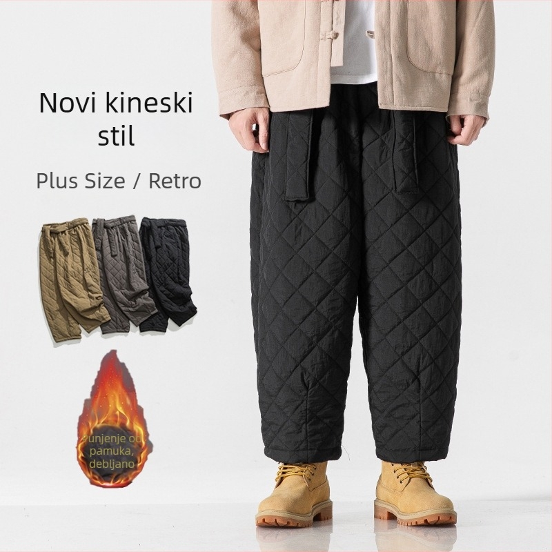 Muške hlače od pamuk-mešavine, debele, ravni kroj, srednji struk, kineskog stila retro casual hlače s više džepova