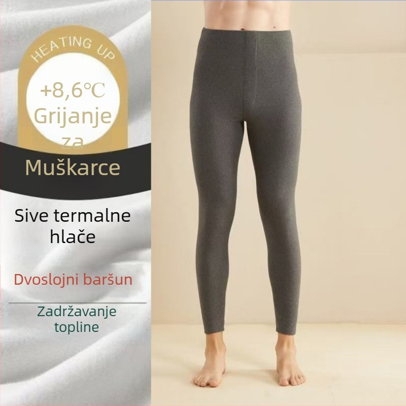 Muške termalne hlače s dvostrano velurom i flecom, podstava, stezanje struka i oblikovanje tijela, zadržavaju toplinu, antibakterijske, debeo poliester