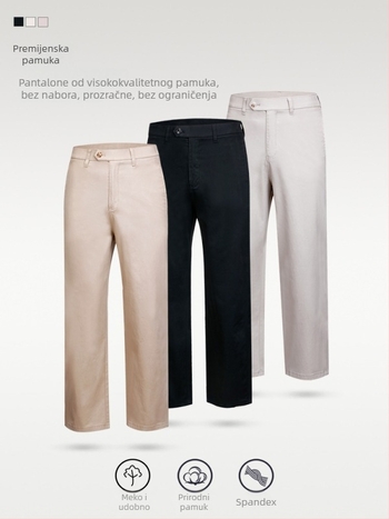 Muške poslovne casual ravne hlače, 97% pamuk, srednji pojas, s remenom i zatvaračem na zip