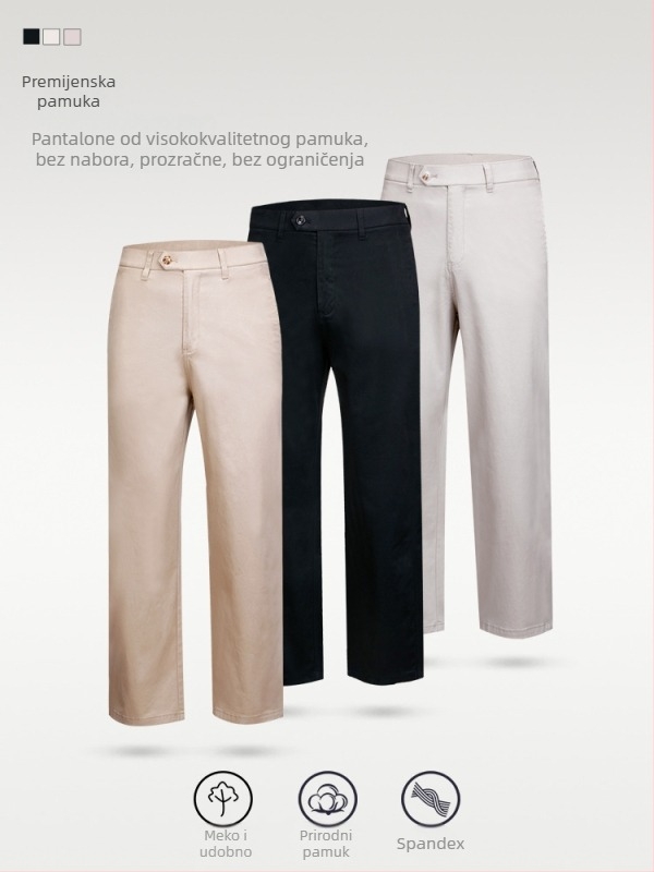 Muške poslovne casual ravne hlače, 97% pamuk, srednji pojas, s remenom i zatvaračem na zip