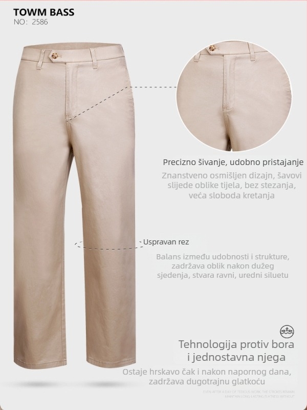 Muške poslovne casual ravne hlače, 97% pamuk, srednji pojas, s remenom i zatvaračem na zip