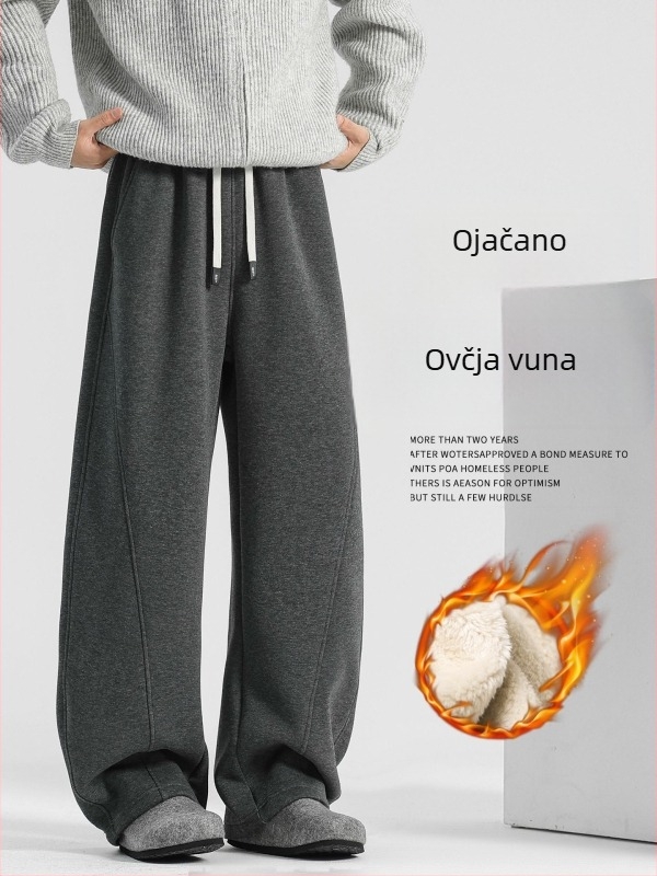 Muške zimske sport casual hlače s flis podstavom, opuštena kroj, srednji pojas s vezicama, smjesa lambswool i poliestera, baršunasta podstava, ravni kroj
