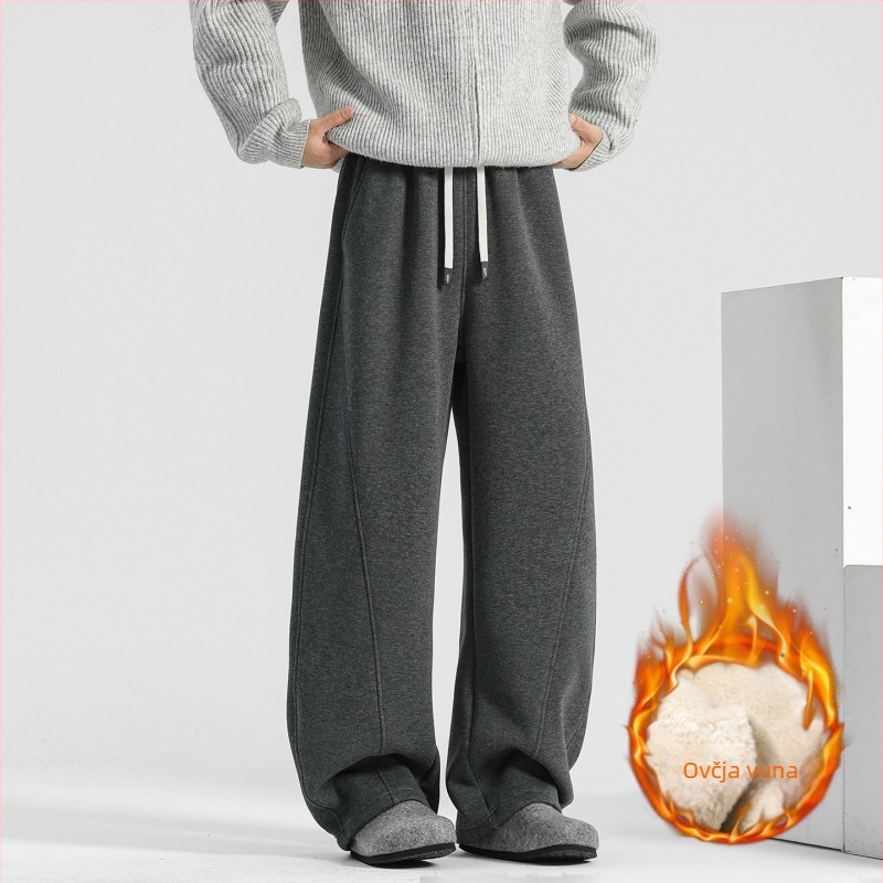 Muške zimske sport casual hlače s flis podstavom, opuštena kroj, srednji pojas s vezicama, smjesa lambswool i poliestera, baršunasta podstava, ravni kroj