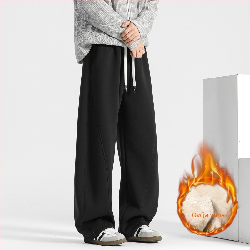 Muške zimske sport casual hlače s flis podstavom, opuštena kroj, srednji pojas s vezicama, smjesa lambswool i poliestera, baršunasta podstava, ravni kroj