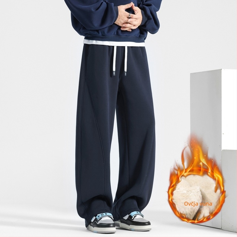 Muške zimske sport casual hlače s flis podstavom, opuštena kroj, srednji pojas s vezicama, smjesa lambswool i poliestera, baršunasta podstava, ravni kroj