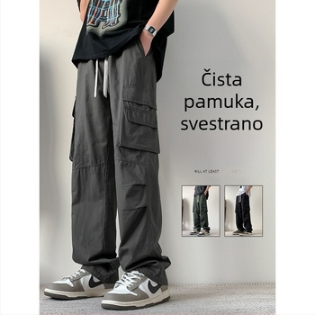 Muške široke hlače od pamuka, ravni kroj, srednji pojas, zatvaranje vezicom, 100% pamuk, za proljeće i jesen 2025