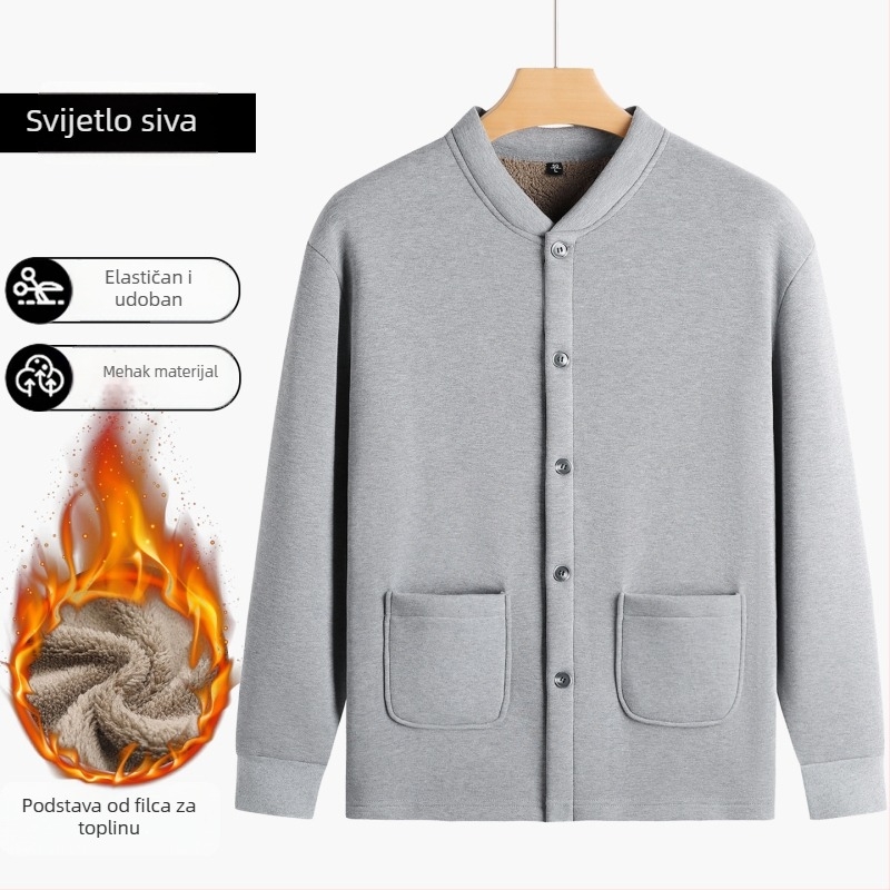 Pamuk kardigan s fleec podstavom, stojeći ovratnik, dugi rukavi, kopčanje na jedan red gumba