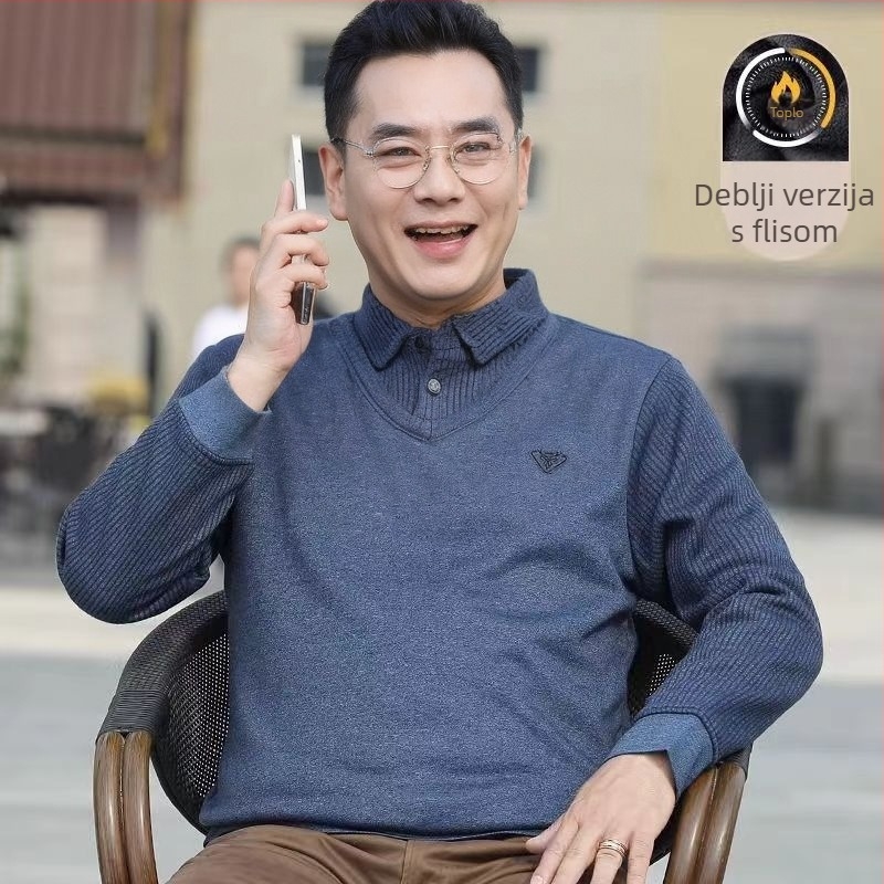 Muški zimski džemper s fleece podstavom, standardna kroj, dugi rukavi, okovratnik s okruglim izrezom, jednoredno kopčanje, 100% poliester.