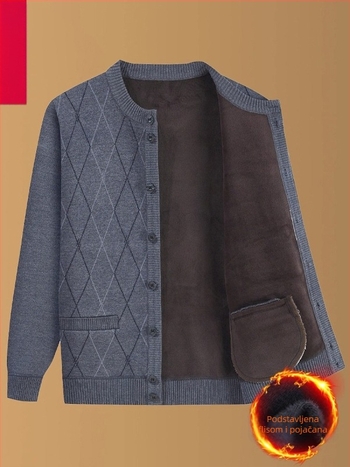 Pleteni vanjski kaput za zimu, podstava od flisa, okrugli ovratnik, opuštena silueta, džepovi s patch detaljem