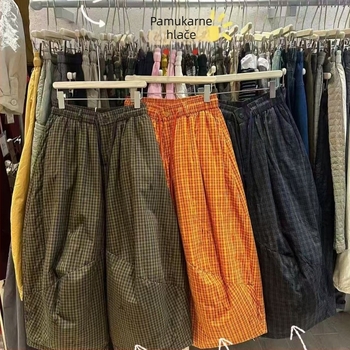 Pamukaste karirane široke hlače, kratka dužina, japanski ležerni stil