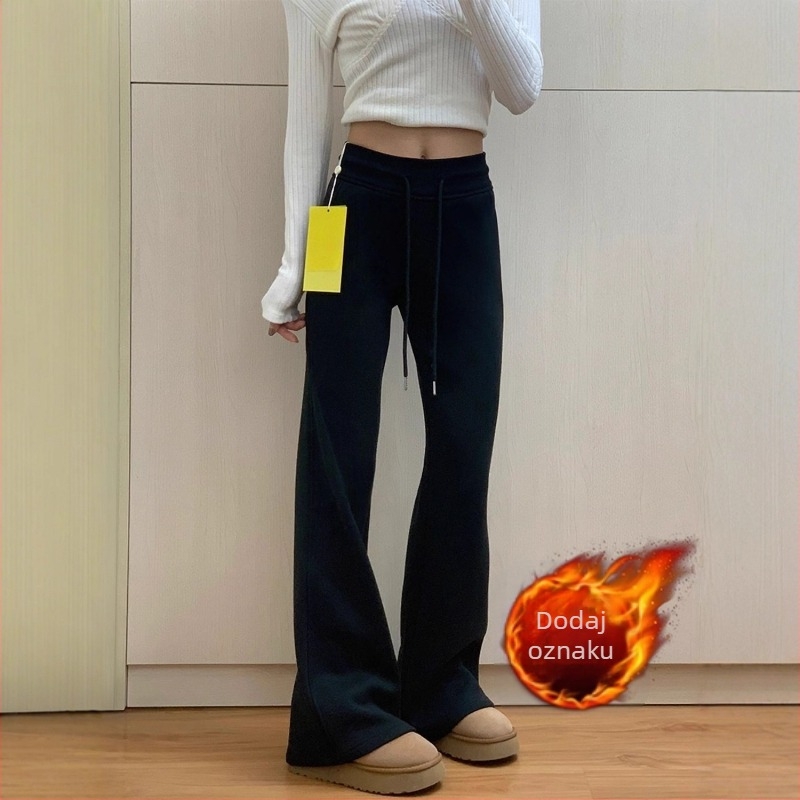 Ženske casual hlače s blagim flare krojem, visokim strukom i elastičnim pojačem, poliester 95%+, debeli materijal, japansko-korejski ležerni stil, zima 2025